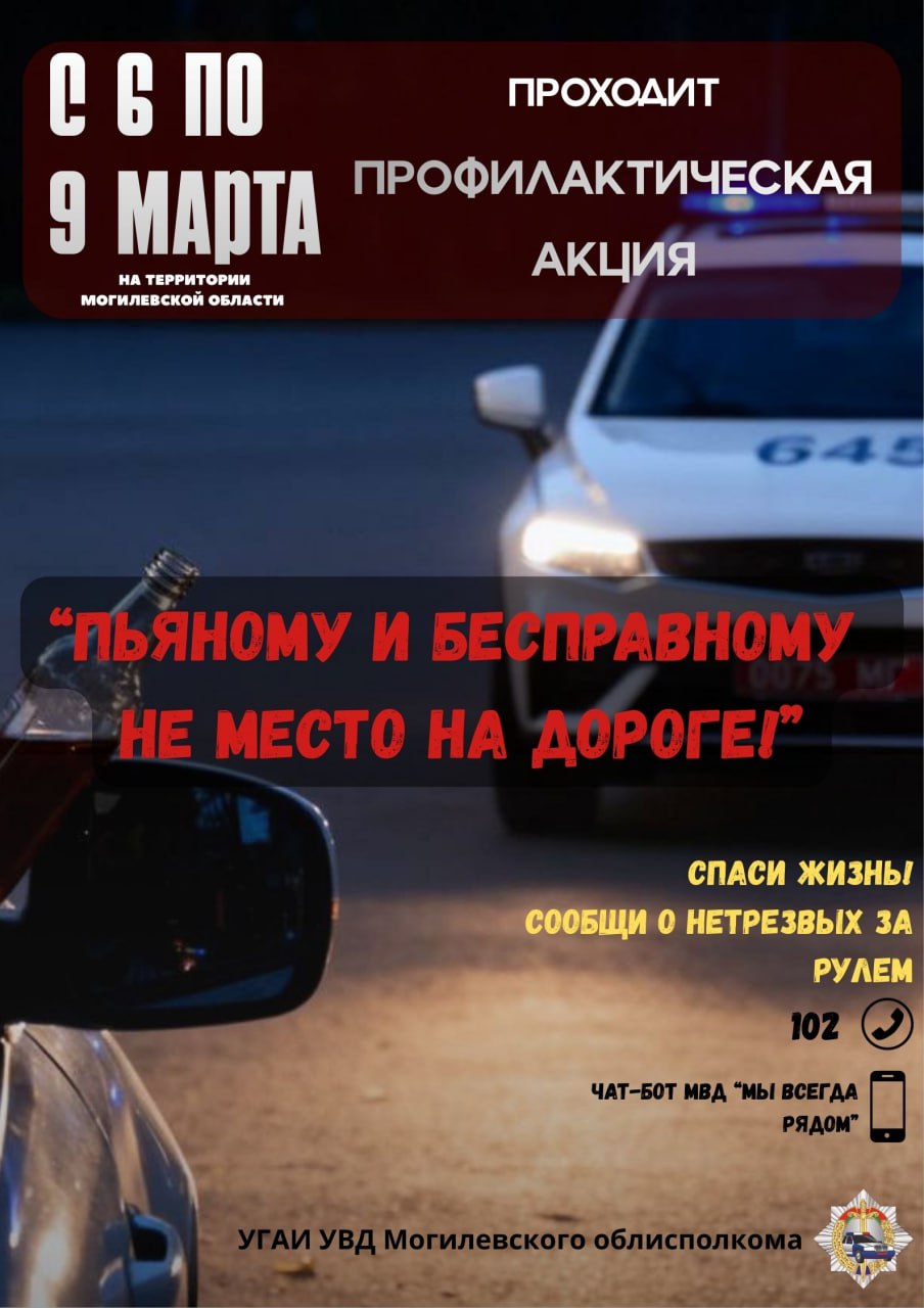 Профилактическое мероприятие «Пьяному и бесправному не место на дороге!» пройдет с 6 по 9 марта в Могилевской области